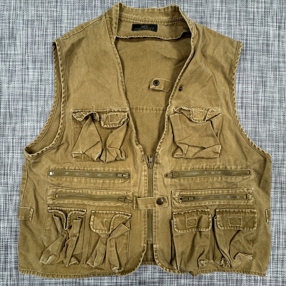 Colorado Utility Vest Mens Medium Tan Cotton Fishing Zip Multi Pocket Outdoors